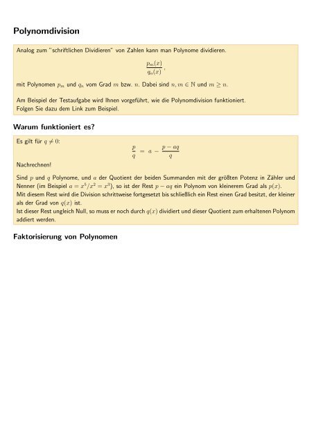 Polynokdivision Polynomdivision Anleitung , Horner-Schema zur Polynomdivision – RWWDF