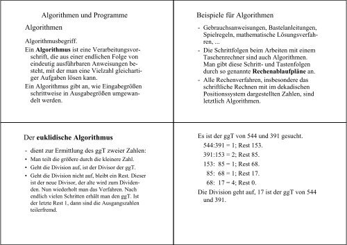 Algorithmen und Programme Algorithmen Beispiele fÃ¼r Algorithmen ...