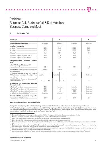 Preisliste Business Call, Business Call & Surf Mobil und Business ...