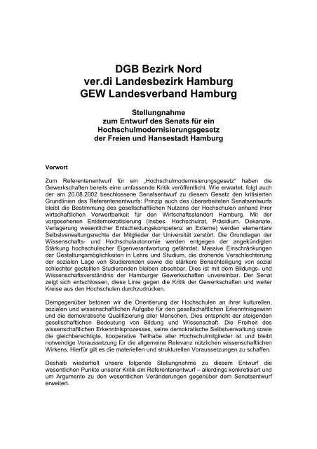 DGB Bezirk Nord ver.di Landesbezirk Hamburg GEW ...