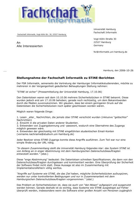 An Alle Interessierten Stellungnahme der Fachschaft Informatik zu ...