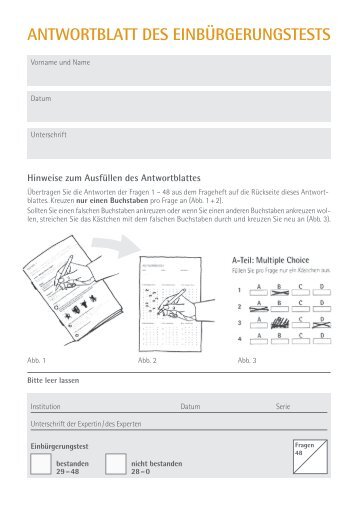 Antwortblatt des Einbürgerungstests - Kanton Bern
