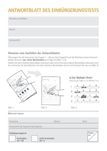 Antwortblatt des Einbürgerungstests - Kanton Bern