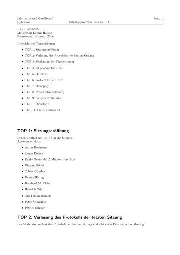 TOP 1: SitzungserÃ¶ffnung TOP 2: Verlesung des Protokolls der ...