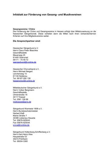 Infoblatt zur Förderung von Gesang- und Musikvereinen - Hessen