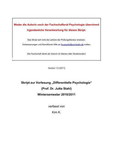Skript zur Vorlesung „Differentielle Psychologie“ (Prof. Dr. Jutta Stahl ...