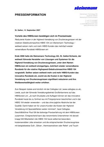 PRESSEINFORMATION - Steinemann Technology AG