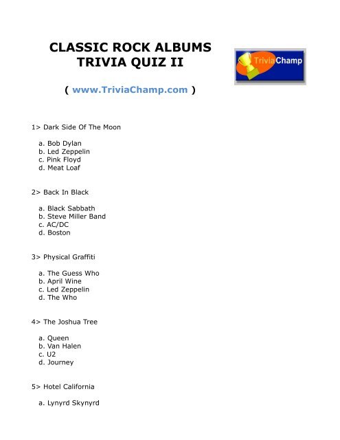 Classic Rock Albums Trivia Quiz Ii Trivia Champ