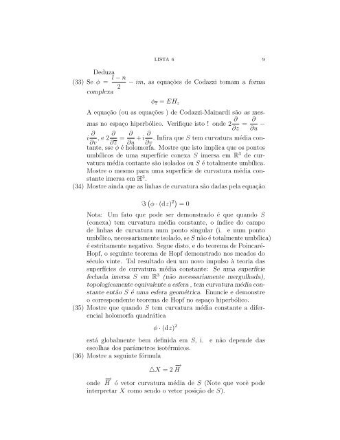 LISTA 6 DE GEOMETRIA DIFERENCIAL 2007 Vamos tratar a ...