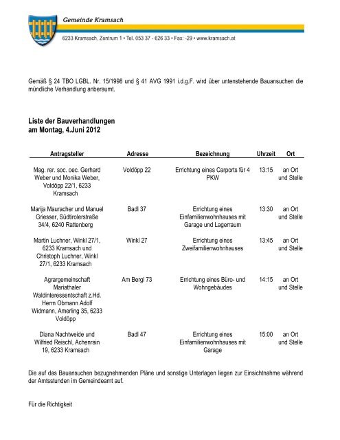 Bauverhandlungen am 04.06.2012