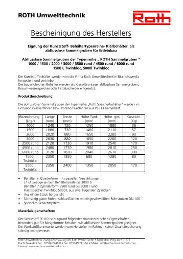 Bescheinigung des Herstellers - Roth Umwelttechnik