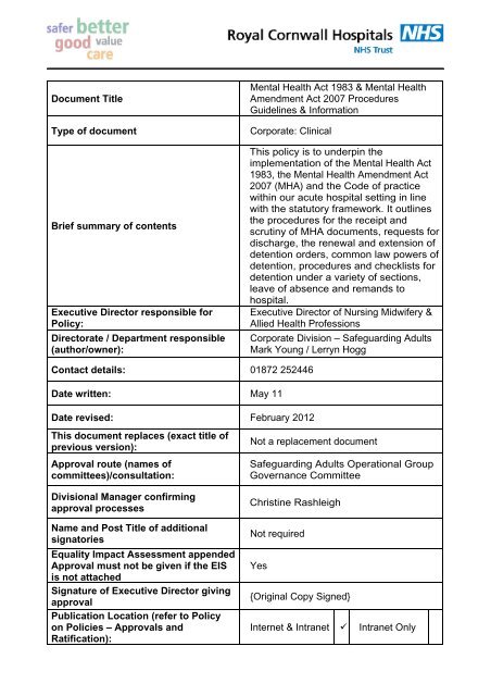 Mental Health Act 1983 and Mental Health Amendment Act 2007 ...