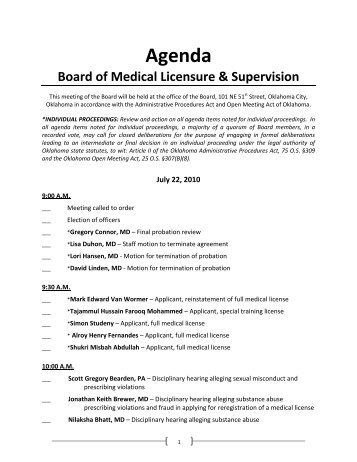 Agenda - Oklahoma Board of Medical Licensure and Supervision