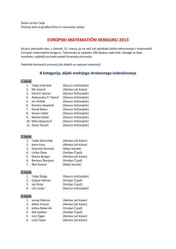 EVROPSKI MATEMATIÃ„ÂŒNI KENGURU 2013 - Ã…Â olski center Celje