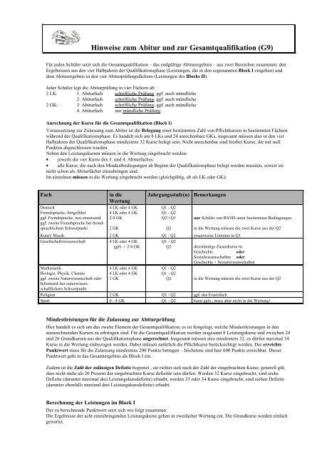 Berechnung Gesamtqualifikation für G9 - Gymnasium Lindlar