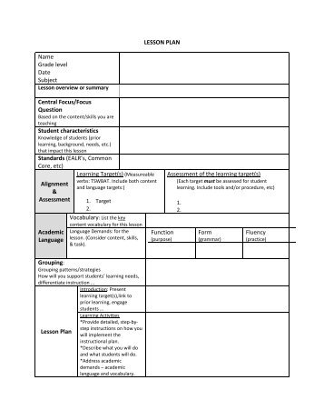 LESSON PLAN Name Grade level Date Subject Central Focus ...