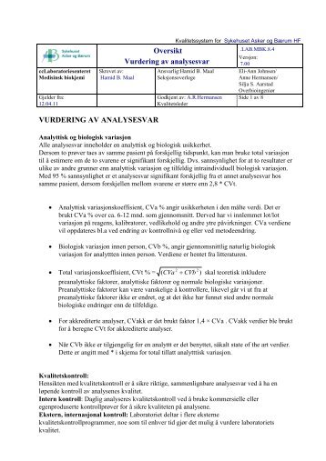 Vurdering av analysesvar - Vestre Viken HF