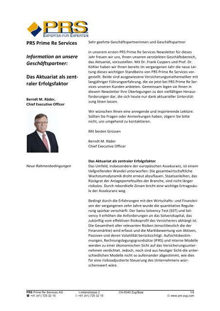 Das Aktuariat als zentraler Erfolgsfaktor - PRS ZUG