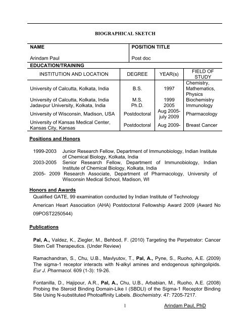 Arindam Paul, PhD 1 BIOGRAPHICAL SKETCH NAME Arindam ...