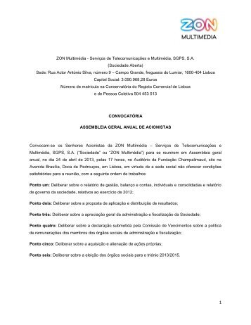 ZON informa sobre convocatÃ³ria para a Assembleia Geral de ...