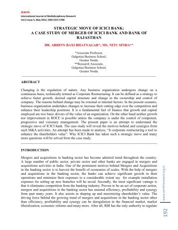Strategic Move Of Icici Bank Zenith International Journal Of