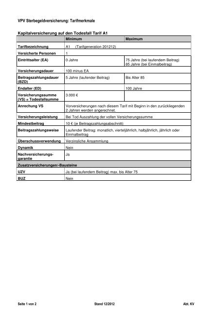 Sterbegeld Tarifmerkmale - VPV Makler