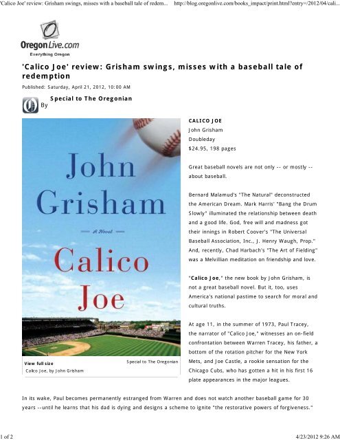 'Calico Joe' review: Grisham swings, misses with a baseball tale of ...