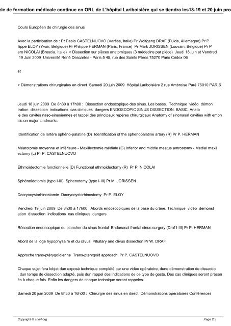 cycle de formation mÃ©dicale continue en ORL de L'hÃ´pital ... - SNORL