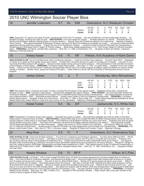 2010 UNCW Women's Soccer Record Book Table of Contents