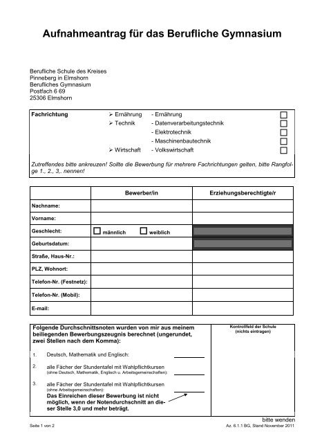 Aufnahmeantrag für das Berufliche Gymnasium - Berufliche Schule ...