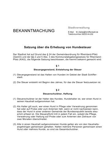 Satzung ÃƒÂ¼ber die Erhebung von Hundesteuer - Schifferstadt