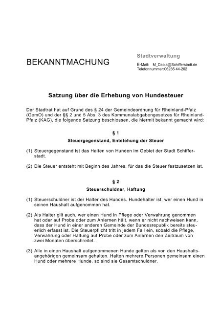 Satzung ÃƒÂ¼ber die Erhebung von Hundesteuer - Schifferstadt