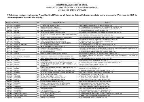 Locais e HorÃ¡rio de realizaÃ§Ã£o da Prova - OAB/MG