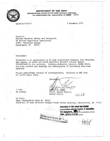 Ltr. from D. Taras of Department of the Army to USNRC, regarding ...