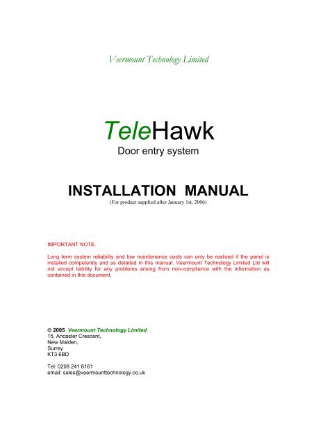 Telehawk 1 Installation Guide Door Entry Systems