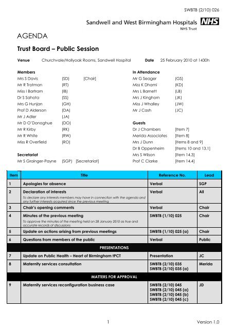 Trust Board Febuary 2010 - Sandwell & West Birmingham Hospitals