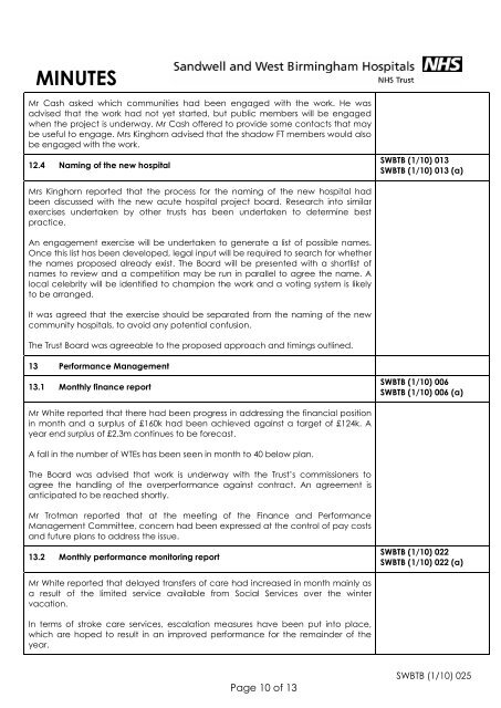 Trust Board Febuary 2010 - Sandwell & West Birmingham Hospitals