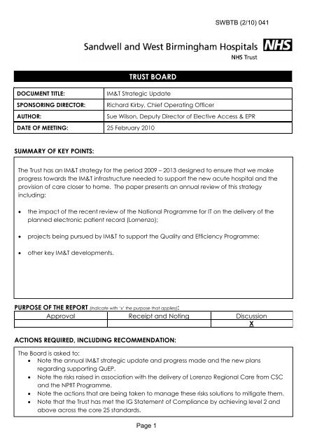 Trust Board Febuary 2010 - Sandwell & West Birmingham Hospitals