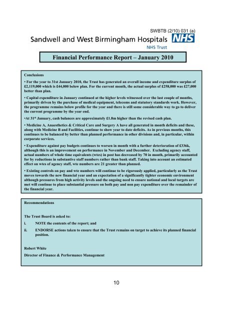 Trust Board Febuary 2010 - Sandwell & West Birmingham Hospitals