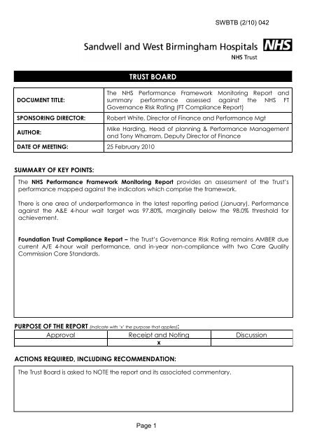 Trust Board Febuary 2010 - Sandwell & West Birmingham Hospitals