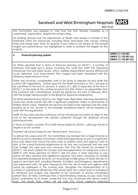 Trust Board Febuary 2010 - Sandwell & West Birmingham Hospitals