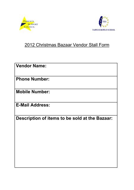 2012 Christmas Bazaar Vendor Stall Form Vendor Name - Taipei ...