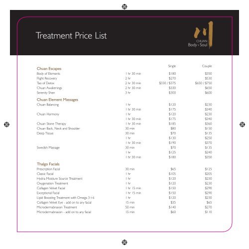 Treatment Price List - Chuan Spa