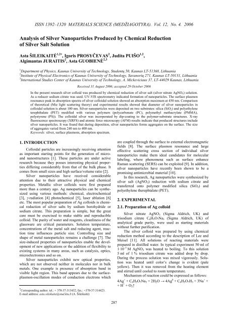 Analysis of Silver Nanoparticles Produced by Chemical Reduction of ...