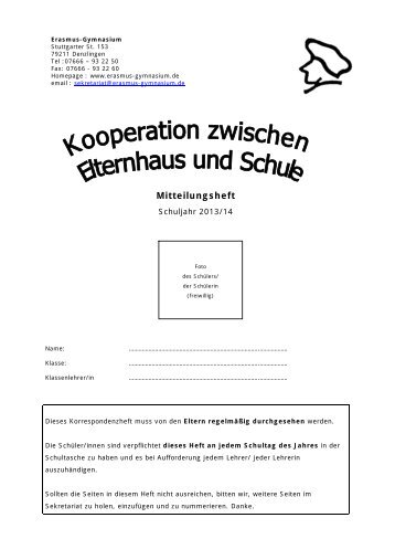 Kooperationsheft Eltern - Schule - Erasmus-Gymnasium