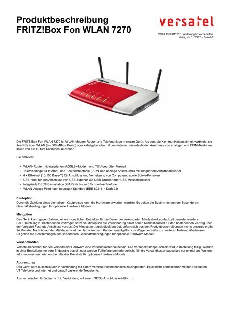 Produktbeschreibung Fritz!box Fon WLAN 7270 - Versatel