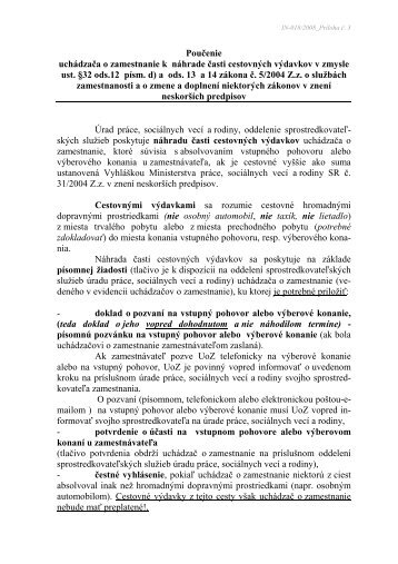 Poučenie uchádzača o zamestnanie k náhrade časti cestovných ...