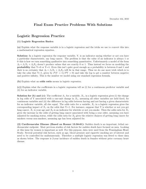 Final Exam Practice Problems With Solutions Logistic Regression ...