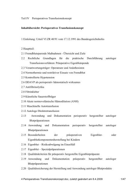 Langskript Perioperatives Transfusionskonzept - Transfusionsmedizin