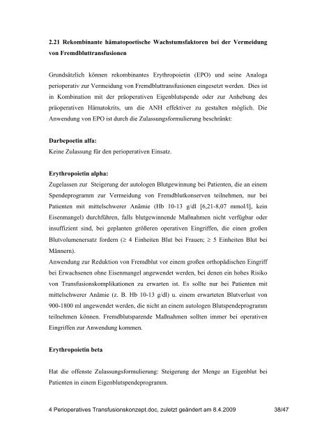 Langskript Perioperatives Transfusionskonzept - Transfusionsmedizin